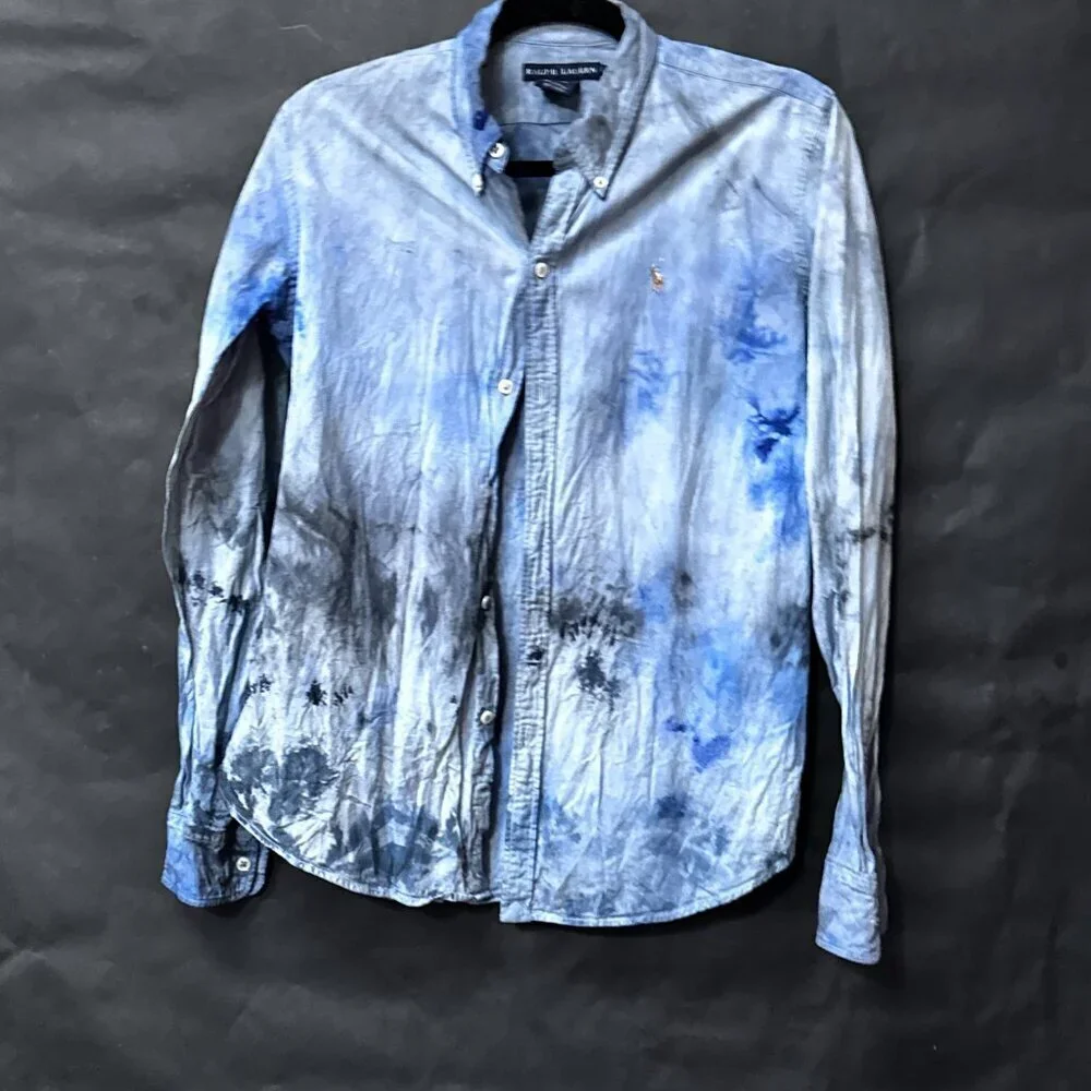 Ralph Lauren Cotton Blue Shirt Tie Dye Casual Button Down Dress Size 16 Xl